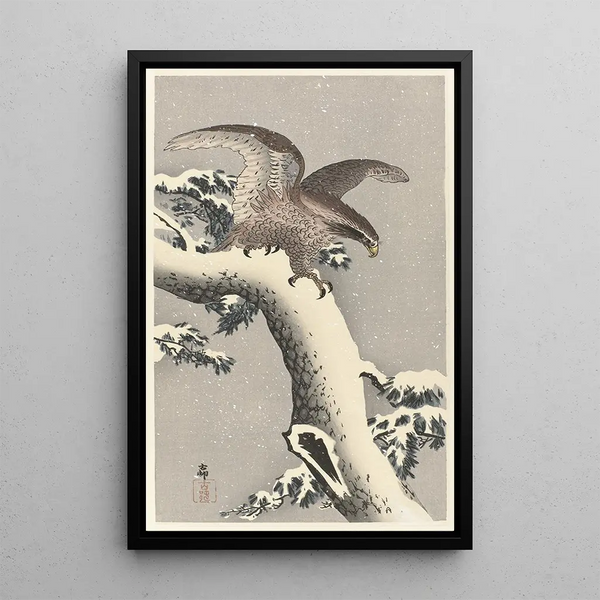 Eagle on Snow-Covered Pine - Ohara Koson — framed artwork on a wall