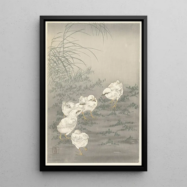 Five Chicks - Ohara Koson — framed artwork on a wall