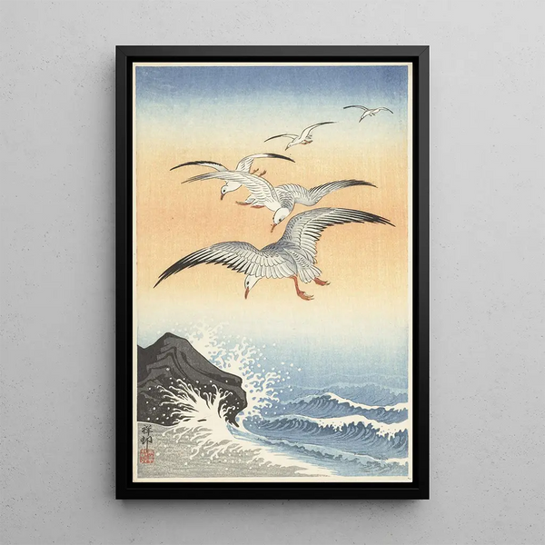 Five seagulls above the rough sea - Ohara Koson — framed artwork on a wall