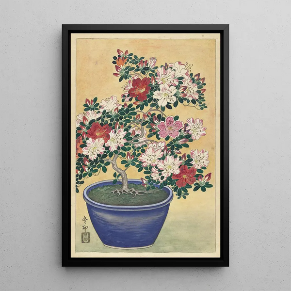 Azalea in Bloom in a Blue Pot - Ohara Koson — framed artwork on a wall
