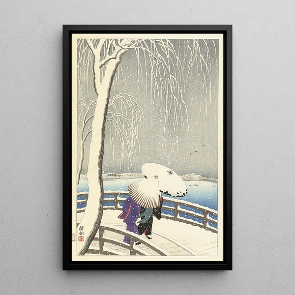 In the snow on Yanagibashi - Ohara Koson — framed artwork on a wall