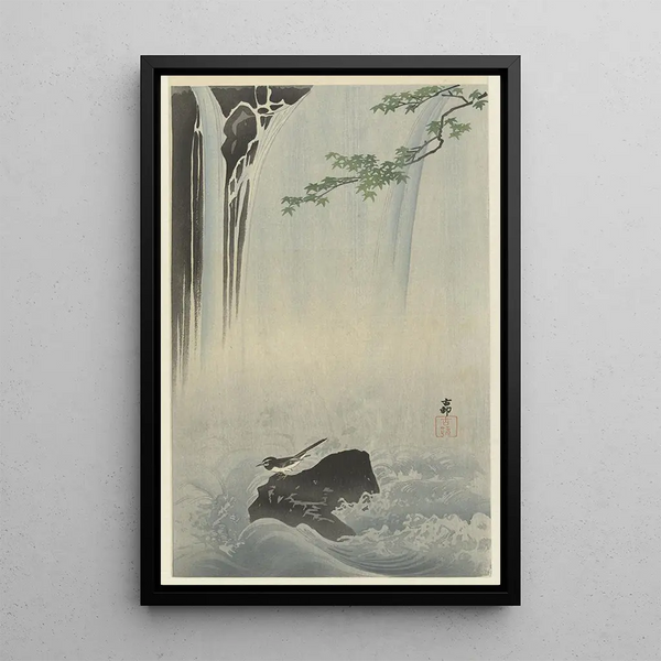 Japanese wagtail at the waterfall - Ohara Koson — framed artwork on a wall