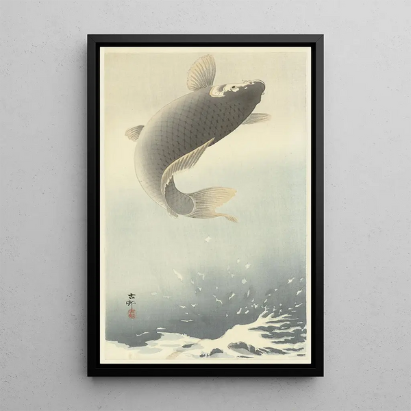 Carpe sautante - Ohara Koson — framed artwork on a wall