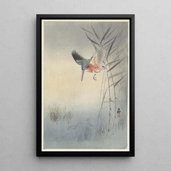 Kingfisher hunting fish - Ohara Koson — framed artwork on a wall