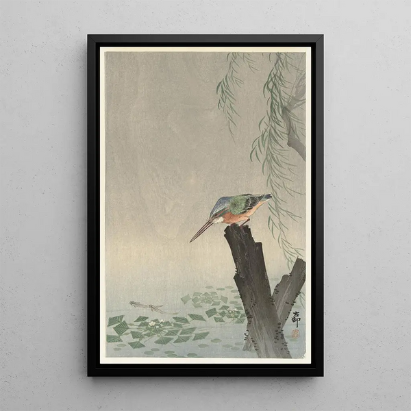 Kingfisher on tree stump - Ohara Koson — framed artwork on a wall
