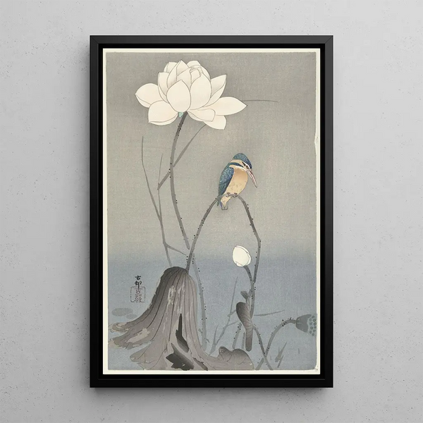Martin-pêcheur with lotus flower - Ohara Koson — framed artwork on a wall