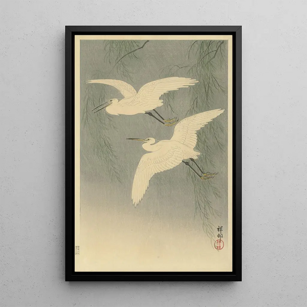 Aigrettes en vol - Ohara Koson — framed artwork on a wall