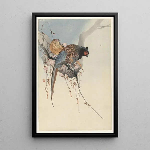 a couple of pheasants and a plum blossom - Ohara Koson — framed artwork on a wall