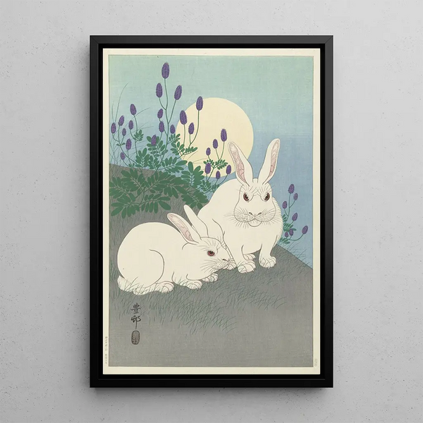 Real-life size painting of rabbits - Ohara Koson — framed artwork on a wall