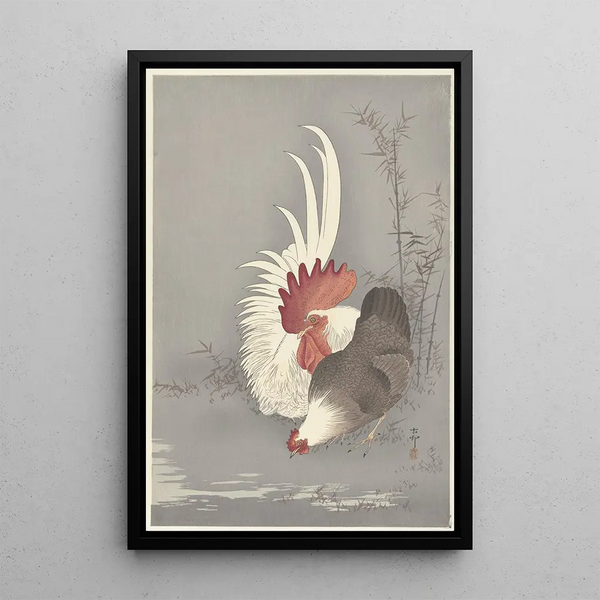 Rooster and hen - Ohara Koson — framed artwork on a wall