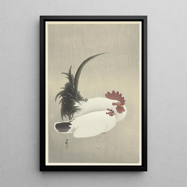 Rooster and Hen - Ohara Koson — framed artwork on a wall