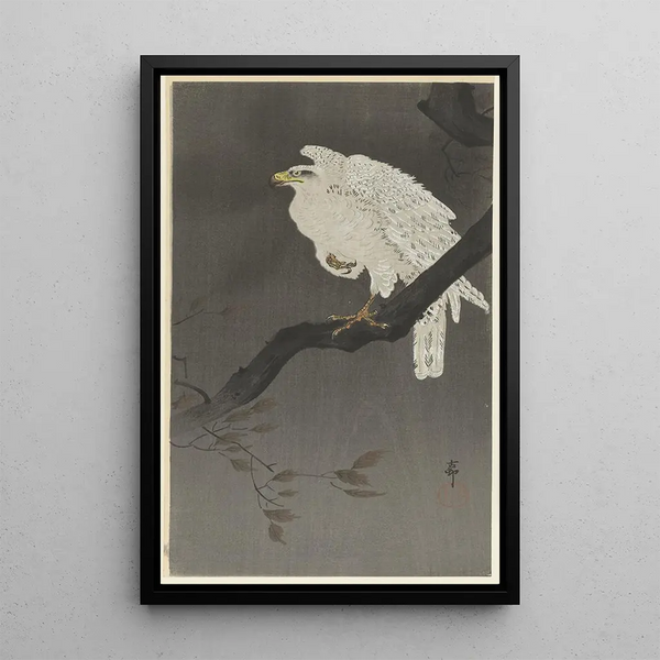 Snowy eagle on a tree branch - Ohara Koson — framed artwork on a wall