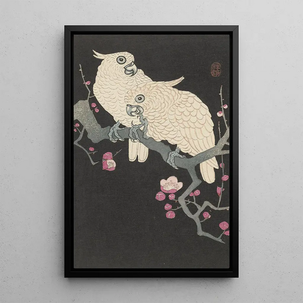 Two Cockatoos and Plum Blossoms - Ohara Koson — framed artwork on a wall