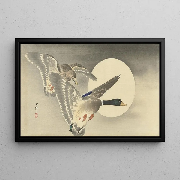 Two ducks under the full moon - Ohara Koson — framed artwork on a wall