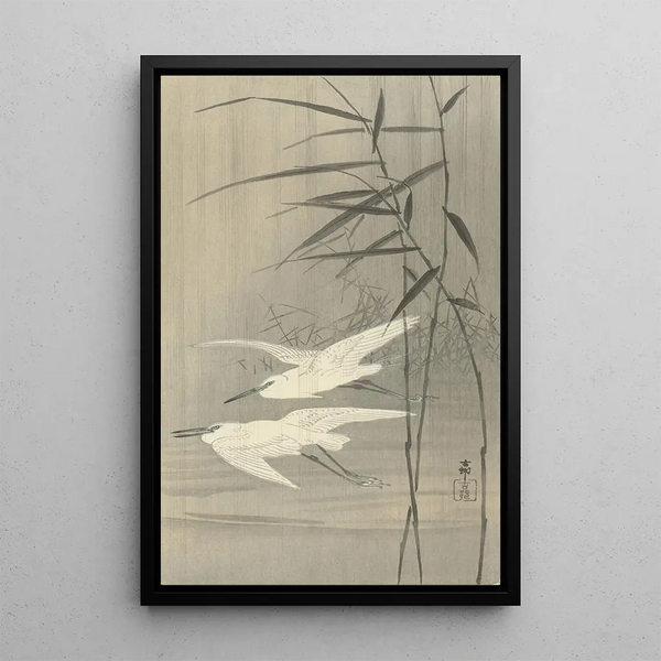 Two herons in flight - Ohara Koson — framed artwork on a wall