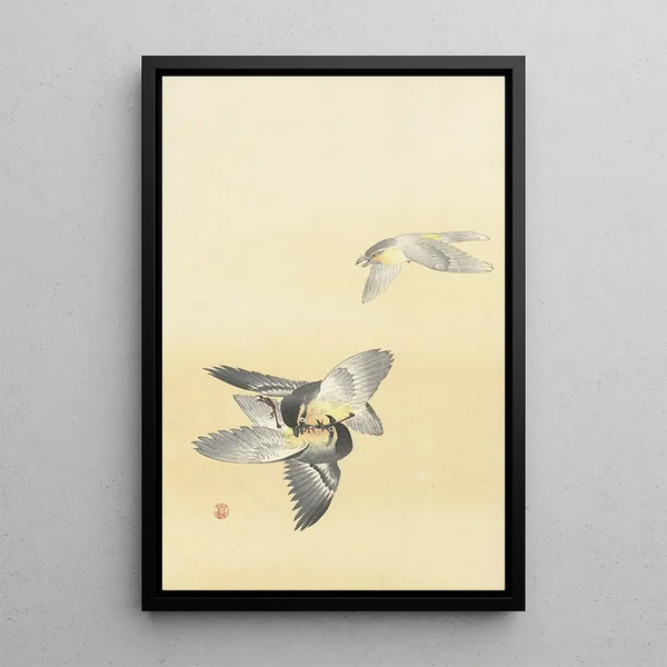 Two fighting birds - Ohara Koson — framed artwork on a wall