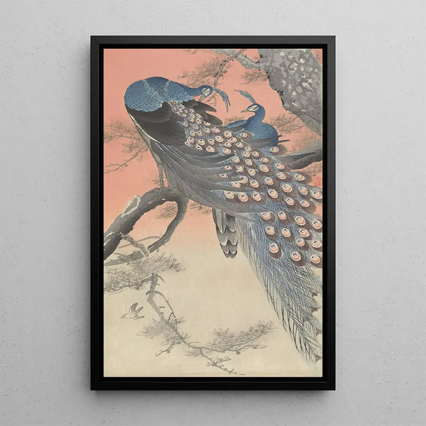 Two peacocks on a tree branch - Ohara Koson — framed artwork on a wall