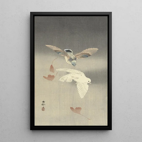 Two Pigeons with Falling Ginkgo Leaves - Ohara Koson — framed artwork on a wall