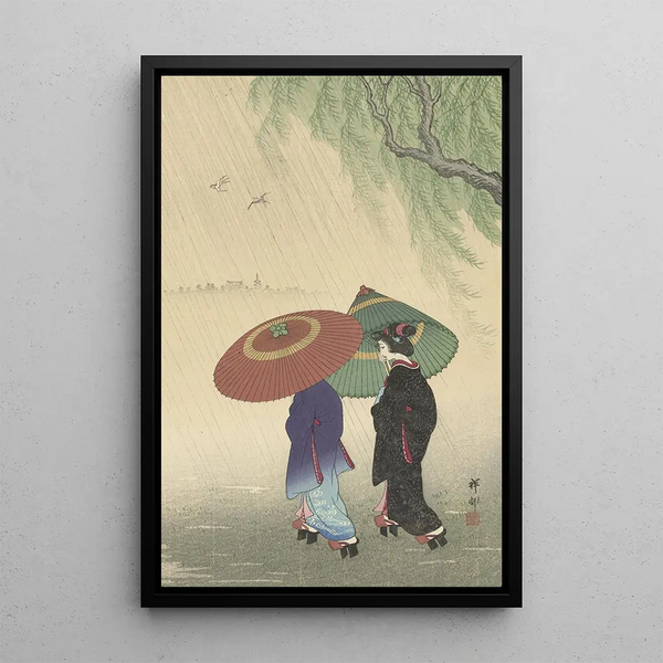 Two women in the rain - Ohara Koson — framed artwork on a wall