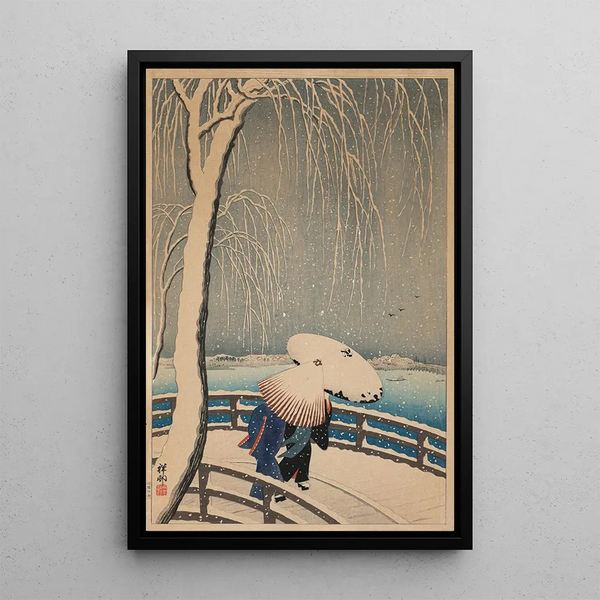 Umbrellas in the Snow - Ohara Koson — framed artwork on a wall