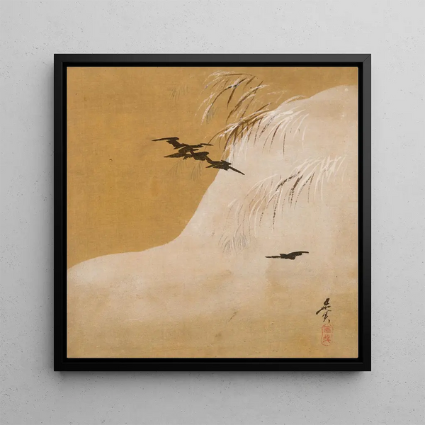 Birds in the Snow - Shibata Zeshin — framed artwork on a wall