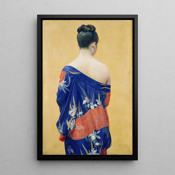 Kimono with iris pattern - Okada Saburōsuke — framed artwork on a wall