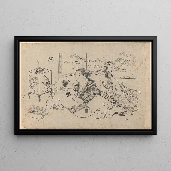 by Artist painting a brazier lid, two women watching - Okumura Masanobu — framed artwork on a wall