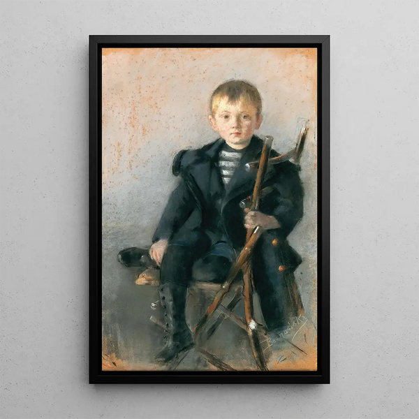 Portrait of a blond boy in a black coat with a gold button - Olga Boznańska — framed artwork on a wall