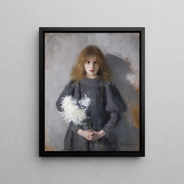 Girl with Chrysanthemums - Olga Boznańska — framed artwork on a wall
