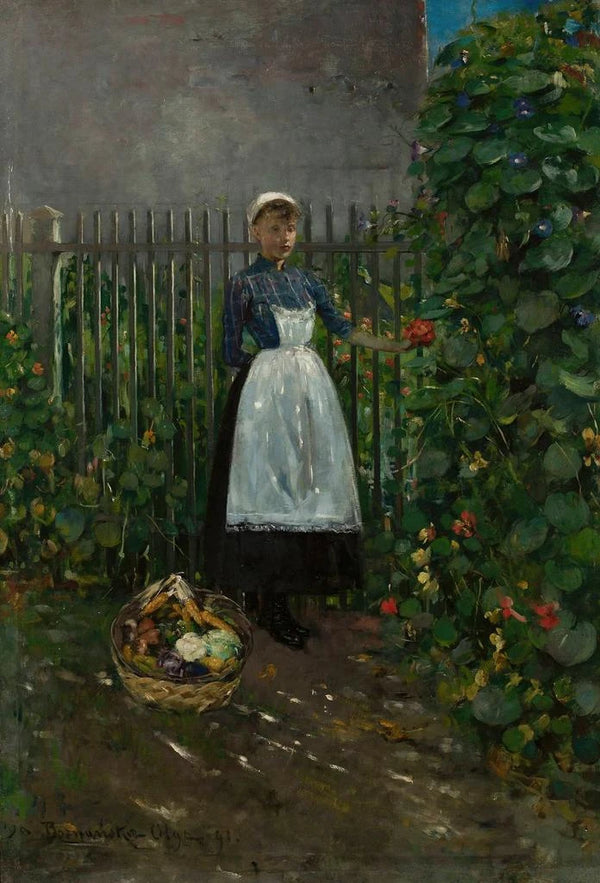 Girl with a Basket of Vegetables in the Garden - Olga Boznańska — framed artwork on a wall
