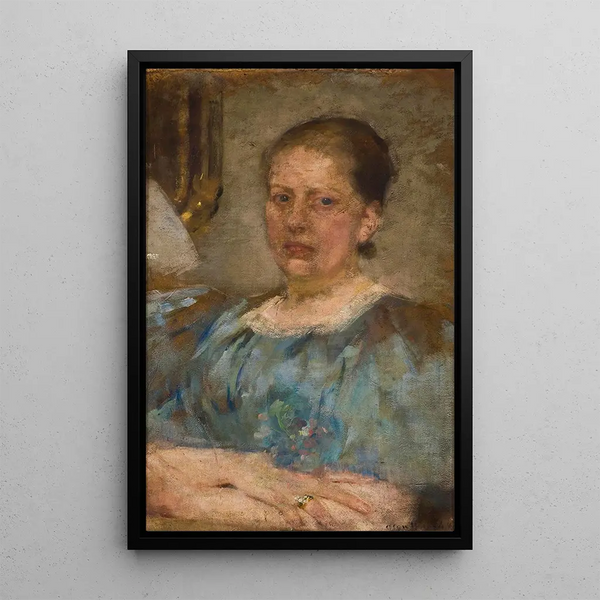 Portrait of a woman in a blue blouse - Olga Boznańska — framed artwork on a wall