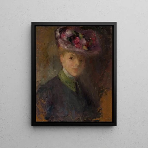 Portrait of a woman with a hat and flowers - Olga Boznańska — framed artwork on a wall