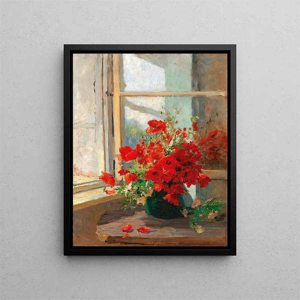A bouquet of poppies near the window - Olga Wisinger-Florian — framed artwork on a wall