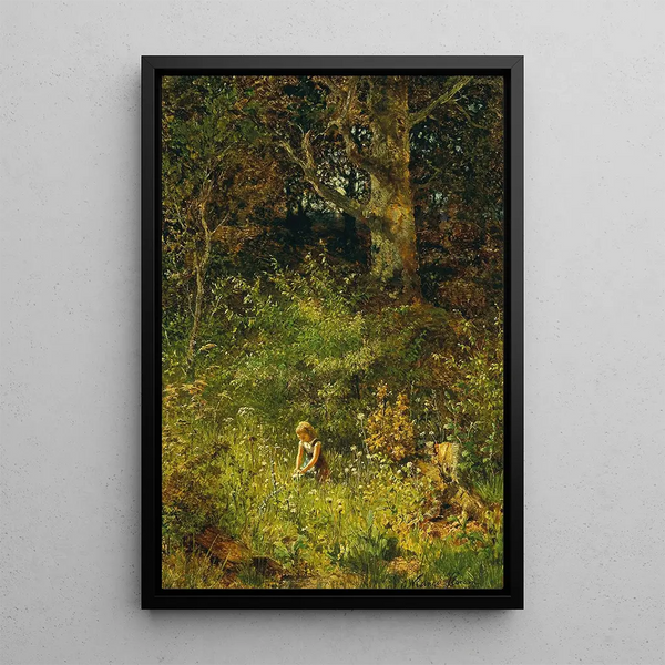 a girl picking flowers in a forest clearing - Olga Wisinger-Florian — framed artwork on a wall