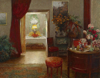 Interior painting with a table set for a celebration - Olga Wisinger-Florian — artwork view