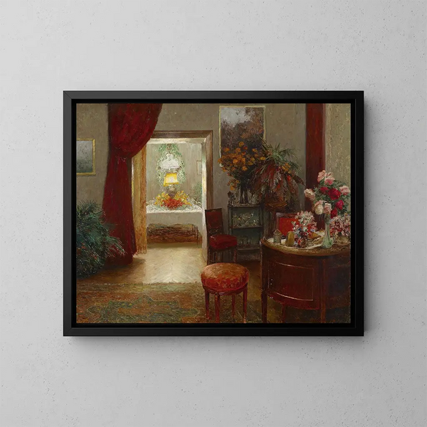 Interior painting with a table set for a celebration - Olga Wisinger-Florian — framed artwork on a wall
