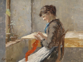 a woman knitting at the window - Olga Wisinger-Florian — artwork view