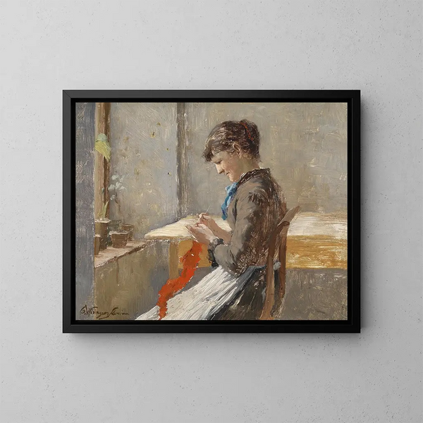 a woman knitting at the window - Olga Wisinger-Florian — framed artwork on a wall