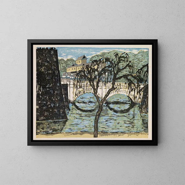 Nijbashi from the series Souvenirs of Tokyo - Onchi Kōshirō — framed artwork on a wall