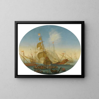 a naval battle between Turks and Christians - Orazio Grevenbroeck — framed artwork on a wall