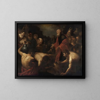 Moses giving water to the Israelites in the desert - Orazio de Ferrari — framed artwork on a wall