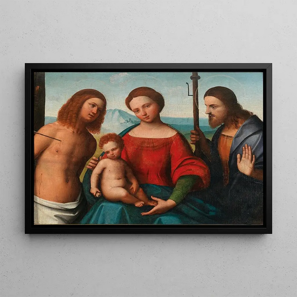 La Madone et l'Enfant avec les saints Sébastien et Jacques le Majeur - Ortolano — framed artwork on a wall