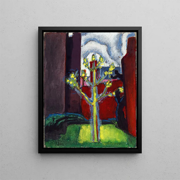 Young Tree in the Red Courtyard - Oscar Bluemner — framed artwork on a wall