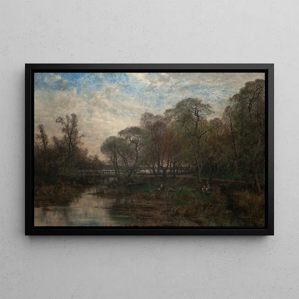 Landscape with water and trees - Oscar Trn — framed artwork on a wall