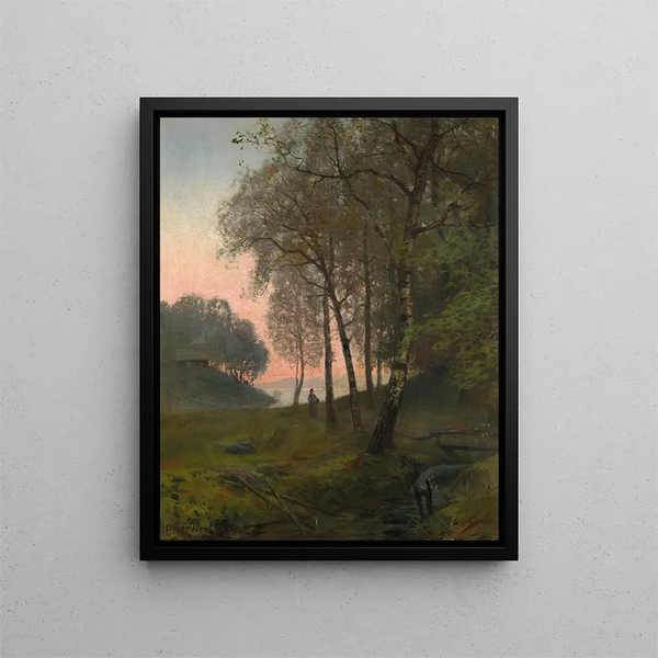 Landscape wooded painting with character - Oscar Trn — framed artwork on a wall