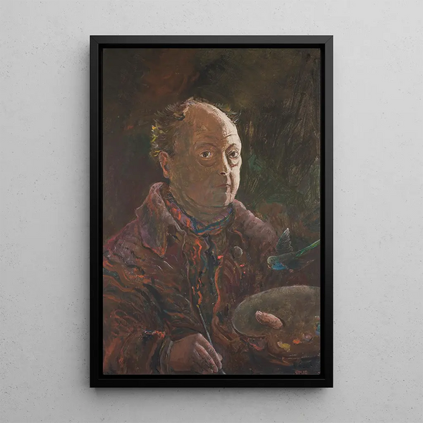 Self-portrait with parrot - Oskar Laske — framed artwork on a wall