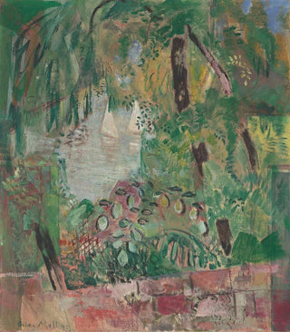 Oskar Moll - Blick auf See mit Blttern und zwei weien Segelbooten.webp