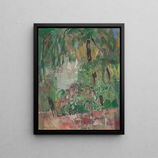 Oskar Moll - Blick auf See mit Blttern und zwei weien Segelbooten.webp