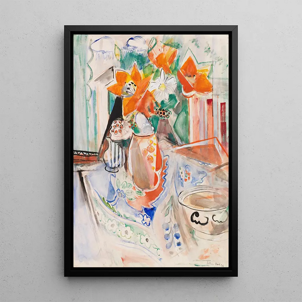 Nature morte de fleurs avec bol et cruche rayée - Oskar Moll — framed artwork on a wall
