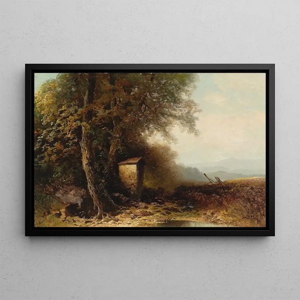Autumn Landscape with a Wayside Shrine - Oskar Mulley — framed artwork on a wall
